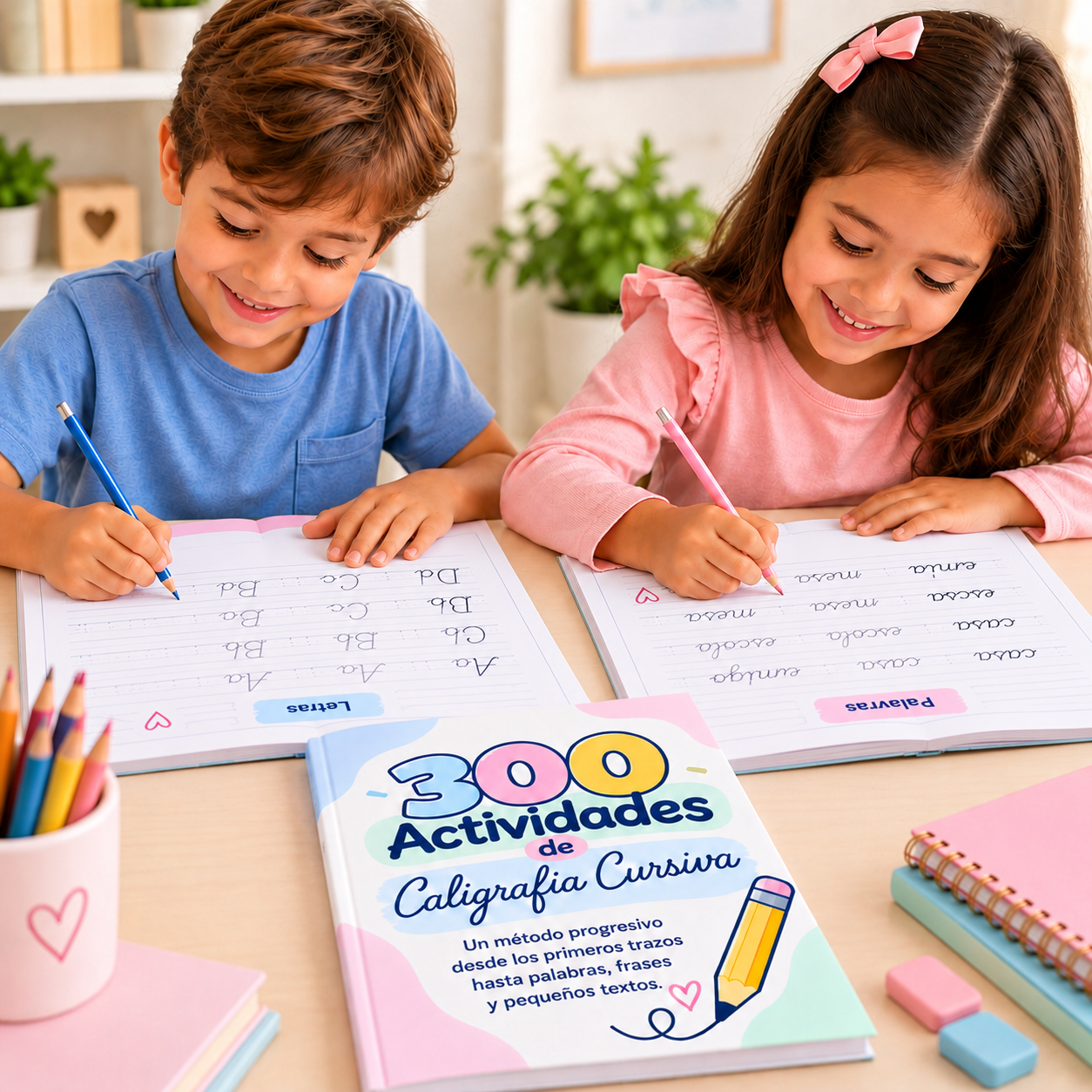 Dos niños practicando caligrafía cursiva en la mesa con el material 300 Actividades de Caligrafía Cursiva