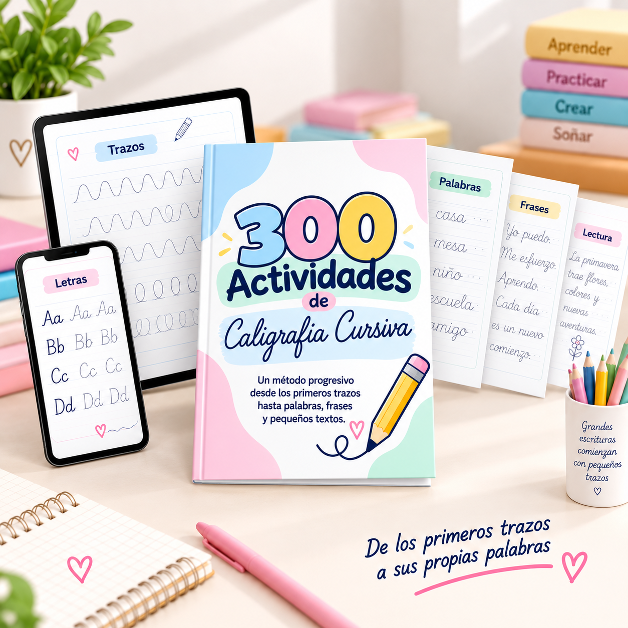 Cuaderno, tablet y teléfono del material 300 Actividades de Caligrafía Cursiva sobre un escritorio con fichas de práctica